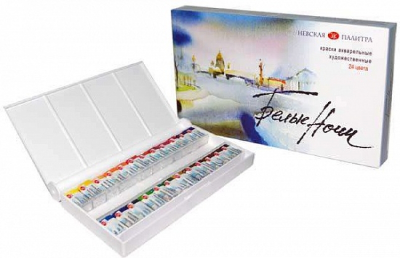 Акварель 24 цв. б/к "Белые ночи" 1942090 кюветы пласт.короб. с палитрой