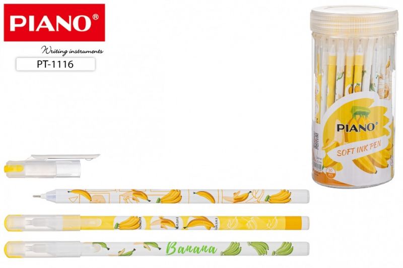 Ручка шариковая PIANO "БАНАНЫ" масляная, 0,6мм., синяя, РТ-1116 (50)