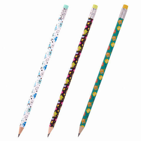 Карандаш чернографитный ЮНЛАНДИЯ "МОНСТРИКИ" HB, с ластиком, корпус ассорти, 181782 (45)