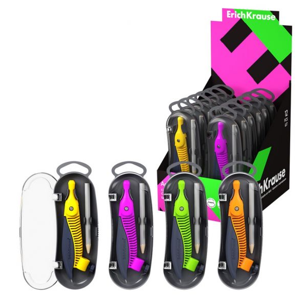 Циркуль ErichKrause Accent, 122мм, с карандашом, пенал, ассорти, 61291 (12)