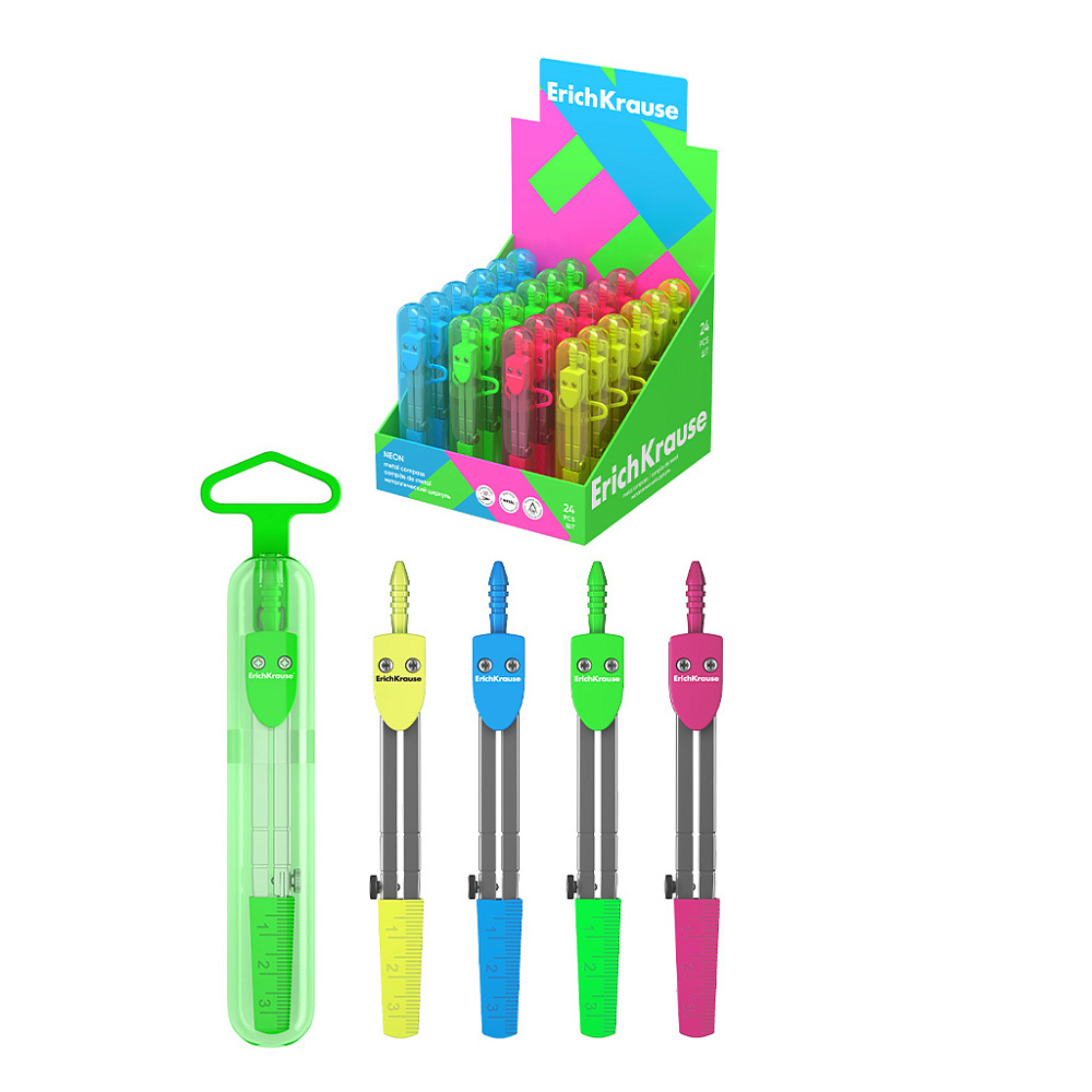 Циркуль ErichKrause Neon, 120мм, пенал, металлический, ассорти 31526 (24)