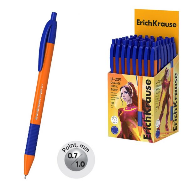 Ручка шариковая автоматическая ErichKrause U-209 Matic&Grip Orange 0.7мм., синяя 47593 (50)