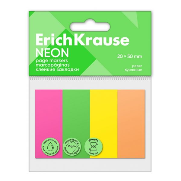 Закладки с липким краем 4цв 200л. 20*50мм ErichKrause Neon бумажн., 61562 (12)